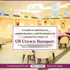 A view of our banquet hall set up for a party. The combination of comfortable sofa seating and round tables allows for versatile arrangements, perfect for birthdays, anniversaries, and weddings.