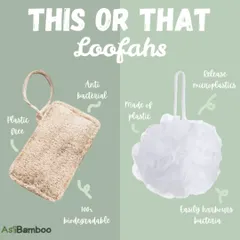 This graphic clearly illustrates the benefits of choosing a natural, plastic-free loofah over a synthetic one. Our biodegradable and anti-bacterial loofah is a healthier choice for your skin and the planet.
