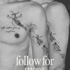 A magical story told with a single, delicate line. This Peter Pan tattoo flows from the chest down the arm, depicting the characters in a minimalist, fine-line style that captures the whimsy of the tale.