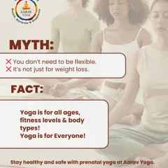 This graphic reinforces our core message: yoga is for everyone. We bust the myths that yoga is only for flexible people or for weight loss. The image of a diverse group in meditation shows that our practice is for all ages and fitness levels.