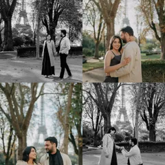 A collage from a dreamy pre-wedding shoot in Paris. From a proposal by the Eiffel Tower to romantic strolls, this collection tells a complete love story in the world's most romantic city.