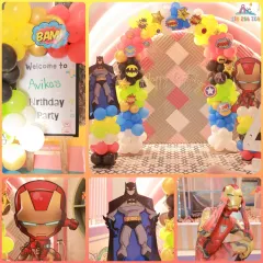 We assembled the ultimate superhero party! This collage shows our Avengers theme in action, with character cutouts of Iron Man and Batman, and a balloon arch ready for adventure.
