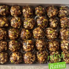 My most popular healthy option: Dry Fruit Laddoos. These are completely guilt-free, made only with premium dry fruits like cashews, pistachios, and walnuts, all bound together with naturally sweet black dates. There is no added sugar or jaggery.
