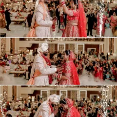 A collage of the Varmala ceremony, capturing the moment the bride places the garland on the groom, their shared smiles, and their final pose together, all amidst a shower of pyrotechnics and smoke.