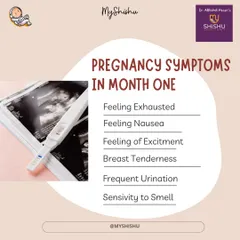 The first month is full of surprises. This infographic lists common early pregnancy symptoms like exhaustion, nausea, breast tenderness, and a heightened sense of smell.