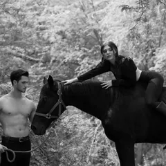 A black and white shot from a professional fashion shoot at our facility. The natural forest background and our majestic horse create a powerful, artistic image.