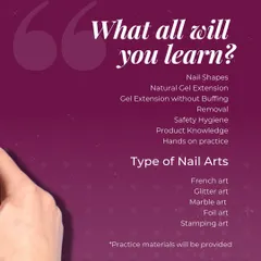Here is a clear breakdown of what you will master in my 2-day Gel Extension workshop. We cover everything from fundamental techniques like shaping and safe removal to creative styles like marble and foil art, with plenty of hands on practice.