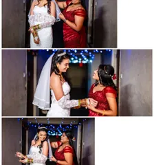 A collage of sweet, candid moments between the bride and her bridesmaid. These images capture the support and friendship on a wedding day.