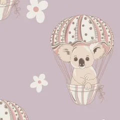 The seamless repeat pattern of 'Sky Snuggler'. The soft pastel purple, combined with the gentle floating koalas and flowers, creates a calming and sweet design ideal for a peaceful nursery environment.