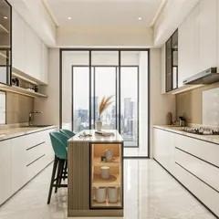 The kitchen is the heart of the home, and this design balances high functionality with minimalist beauty. We used clean lines, integrated appliances, and reflective surfaces to create a space that is both an efficient workspace and a beautiful part of the open-plan living area.