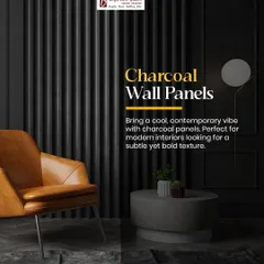 Charcoal wall panels bring a cool, contemporary vibe to any room. They are perfect for modern interiors, offering a subtle yet bold texture that adds depth and sophistication, as seen in this stylish living room.