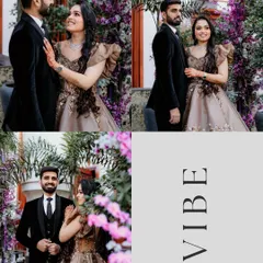 Candid and posed shots from an engagement celebration, capturing the couple's joyful interactions against a beautiful floral backdrop.