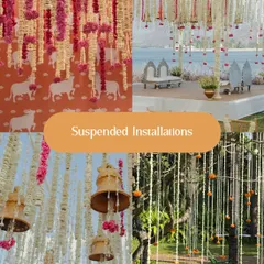 Suspended floral installations are a powerful way to transform a space. This mood board shows different styles, from traditional marigold strings to modern arrangements with bells, creating a canopy of flowers.