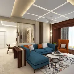 This living room combines a bold blue sectional sofa with a warm orange accent chair for a vibrant look. A coffered ceiling design and a stylish partition add architectural interest and define the space.