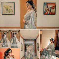 A collage showcasing the bride's stunning silver gown from every angle. These portraits capture her getting-ready moments and the full, glamorous effect of her outfit.