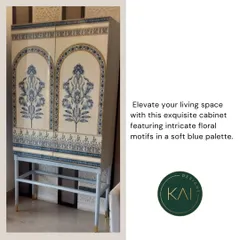 We crafted this exquisite cabinet featuring intricate floral motifs in a soft blue palette. This piece serves as a beautiful example of our custom decal and finishing work, turning a functional item into a piece of art.