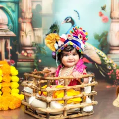 Celebrating culture and tradition is so special. This Janmashtami photoshoot transforms your baby into a divine little Krishna, complete with a peacock feather crown and a beautiful, ornate backdrop.