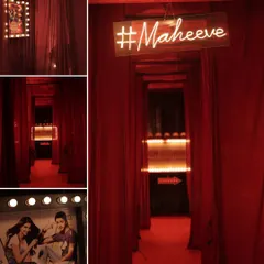 A collage of the cinematic entrance, featuring the #Maheeve hashtag, the "Now Showing" sign, and personalized movie posters.