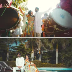 The energy of a Mehendi celebration is infectious! This collage shows the couple dancing with dhol players and sharing a relaxed moment by the pool, capturing the full spectrum of the event.