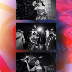The energy of the Sangeet dance floor captured in a dynamic black and white collage. It freezes the motion and joy of the celebration in a classic style.