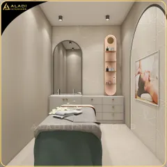 An alternate view of the same spa room, highlighting the custom vanity with dual sinks, an arched mirror, and bespoke rose-gold shelving for product display.