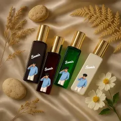 A more artistic shot of the personalized Denver perfume set, showing the four different colored bottles with custom printing.