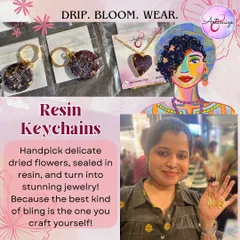 Drip, bloom, and wear. This collage showcases the beautiful resin keychains and jewellery you can create at my workshops. We use delicate dried flowers and glitter, sealing them in resin to make stunning, personalized accessories.