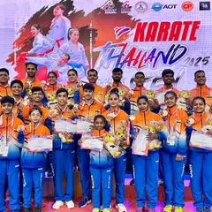 Our team celebrating their success at the Thailand Open Karate Championship. We achieved the overall 2nd position out of 16 countries, winning 8 Gold, 12 Silver, and 17 Bronze medals, showcasing the remarkable growth of Indian karate under KIO.