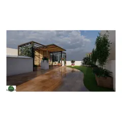 A 3D visualization of a spacious terrace garden. This render shows the proposed layout, including a wooden deck, a pergola-covered seating area, and planter boxes, allowing the client to approve the design before construction.