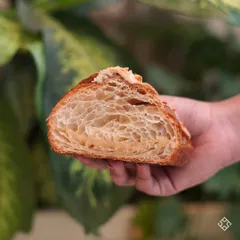This is what our Almond Croissant looks like on the inside. You can see the honeycomb structure of the pastry, which means it's flaky, buttery, and filled with rich almond cream. We bake these fresh every morning.