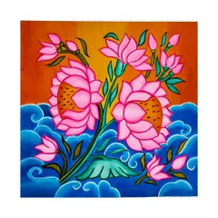 A beautiful bunch of lotus flowers, a common and beloved symbol in Kerala mural art. The bright pink blossoms stand out against the warm orange sky and cool blue water, creating a feeling of peace.