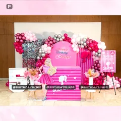 Step into a world of glamour with our stunning Barbie-themed birthday decoration. This setup includes a vibrant pink backdrop, a life-sized Barbie cutout, a dazzling silver shimmer wall, and a custom balloon arch in shades of pink and silver for the perfect photo opportunity.