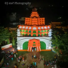 An aerial view of a massive pandal decorated in the colors of the Indian flag. My drone photography is perfect for capturing these large scale, patriotic themes that are often seen during city-wide festivals.