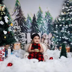 A joyful toddler enjoys a Christmas-themed photoshoot. Dressed in festive plaid, the child sits in a winter wonderland scene complete with decorated trees, snow, and presents.