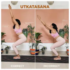 Let's master Utkatasana, or chair pose. This image shows the difference between correct and incorrect alignment. Keeping your knees behind your toes and spine long is key to protecting your joints and getting the full benefits.