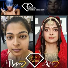 A powerful before and after transformation into a traditional bride. This demonstrates the skills you will learn in foundation matching, feature enhancement, and creating a complete bridal persona.
