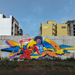 A full view of my Pavitra Prabhakar piece in Navi Mumbattan. This mural was a collaboration with another artist, and we battled the Mumbai rains to get it done. It's one of my favorite pieces, mixing vibrant colors and a dynamic character.