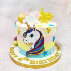 Another shot of the unicorn and rainbow cake, showing the delightful arrangement of stars and spheres.