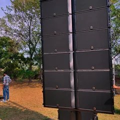 A detailed look at our L-Acoustics K2 & Kara line array speaker stack. This image showcases the power and scale of our audio inventory, which allows us to deliver pristine sound quality for the largest outdoor concerts and events.