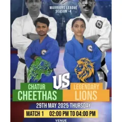 The matchup poster for Match 1 of the Warriors League, pitting the Chatur Cheetahs against the Legendary Lions. Each team is led by experienced instructors and captains.