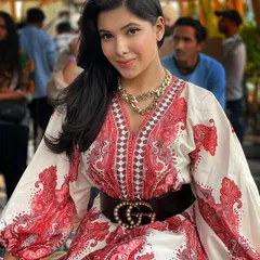 This look is all about casual glam for a day out. The makeup is polished but not overpowering, perfectly suiting this printed Indo-western dress and statement belt for a stylish brunch or event.