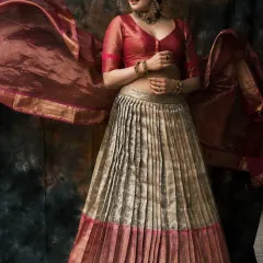 A beautiful shot showing the flow and elegance of the traditional outfit. The lighting is designed to mimic a classic painting.