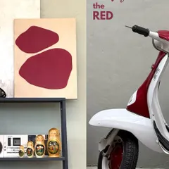 Here comes the red. This collage pairs the bold red of a scooter with abstract art and retro decor from a cafe, creating a visually striking composition.