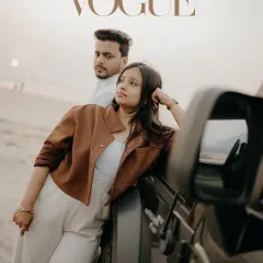 A high-fashion, Vogue-inspired portrait with their Thar. This image showcases a stylish and modern approach to pre-wedding photography, perfect for the fashion-forward couple.