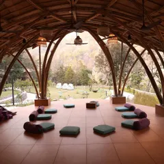 The beautiful shala at Oneness Rishikesh, set up for our closing ceremony. This space, with its natural architecture, becomes a sanctuary for our community to gather, share, and celebrate.