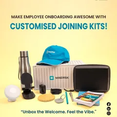 A clear, well-staged photo of a customized joining kit for the global brand Maersk. This reinforces our expertise in handling corporate client needs with items like bottles, caps, and tech pouches.