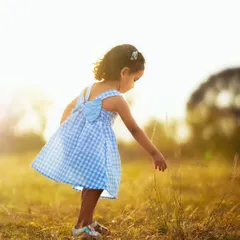 A candid photo of a little girl in a blue gingham dress exploring a field, backlit by the warm afternoon sun.