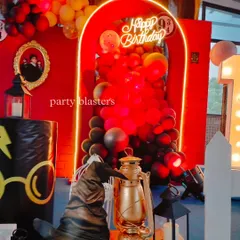 A close-up of our Harry Potter party decor, featuring a neon-lit archway filled with balloons, the Sorting Hat, and a lantern, capturing the mystical feel of Hogwarts.
