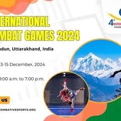 A visually striking poster for the International Combat Games 2024 in Dehradun. The imagery of the Himalayas alongside a wrestling takedown captures the spirit of hosting a world-class combat event in a unique Indian location.