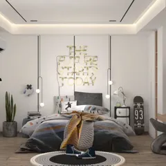 This cool and contemporary room is perfect for a teen. It features a "Be The Best Today" neon sign, hanging pendant lights, and a skateboard deck as decor, reflecting a modern, urban style.